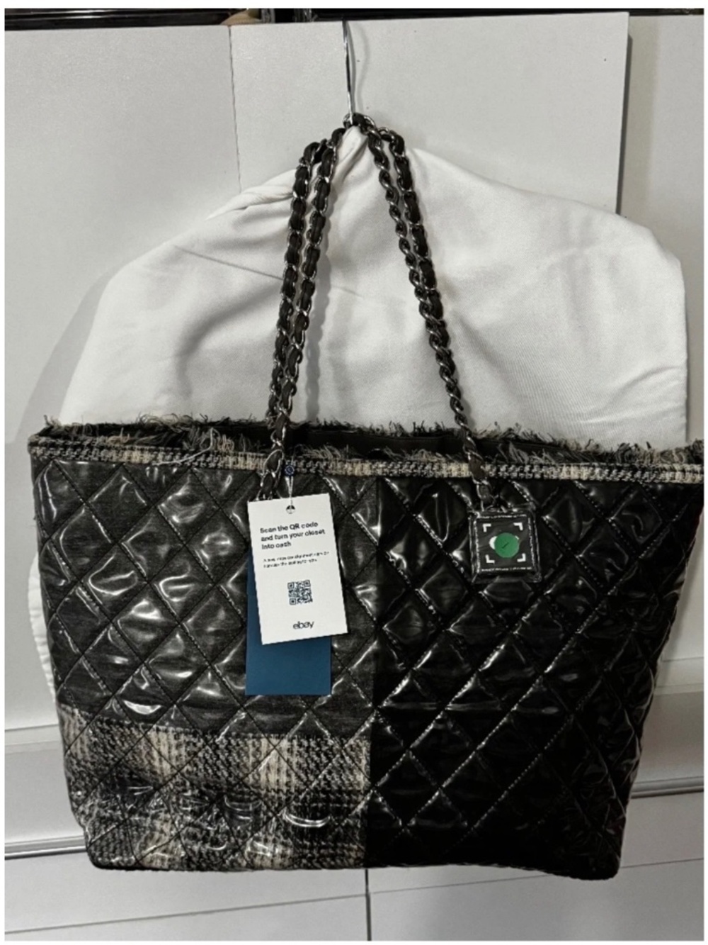 Chanel Black Patent Leather Tweed Quilted Chain Tote Authentic